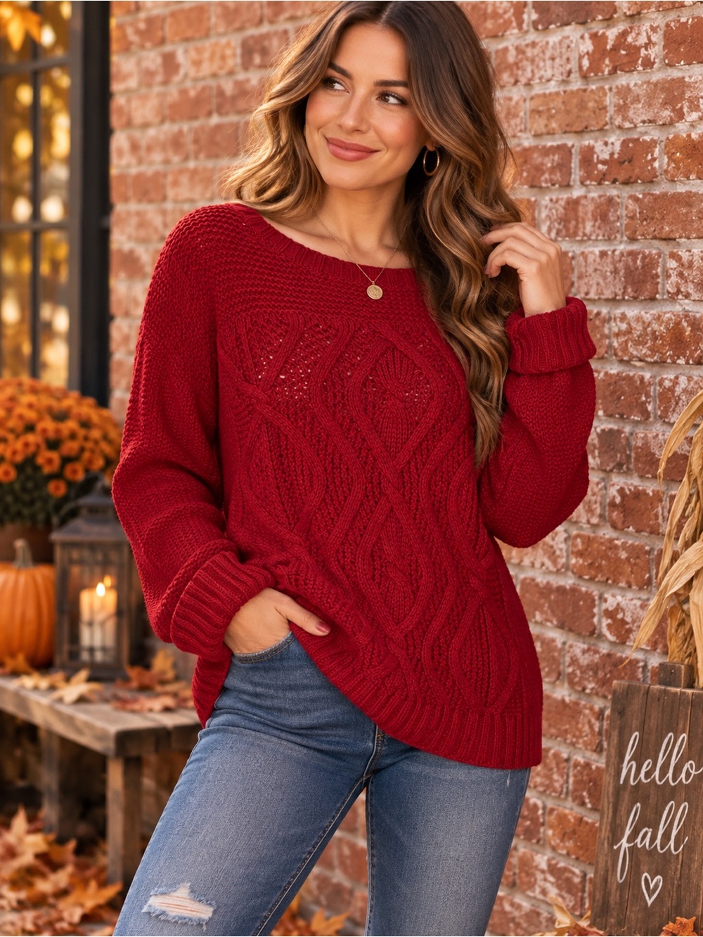 Lands End Red Chunky Cable Knit Crew Neck Cotton Sweater